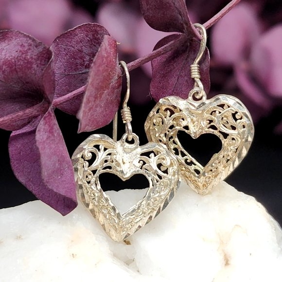 Solid Sterling Silver 925 Earrings Filigree Hearts Lightweht